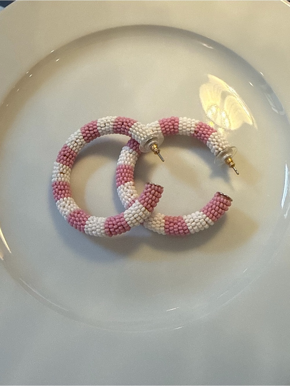 Alison Lou x J. Crew Pink & White Seed Bead Hoop Chunky Pierced Earrings 2"
